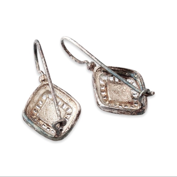 Marcasite Sterling Silver Drop Earrings Diamond Shape Kidney Wire Estate - Picture 4 of 5